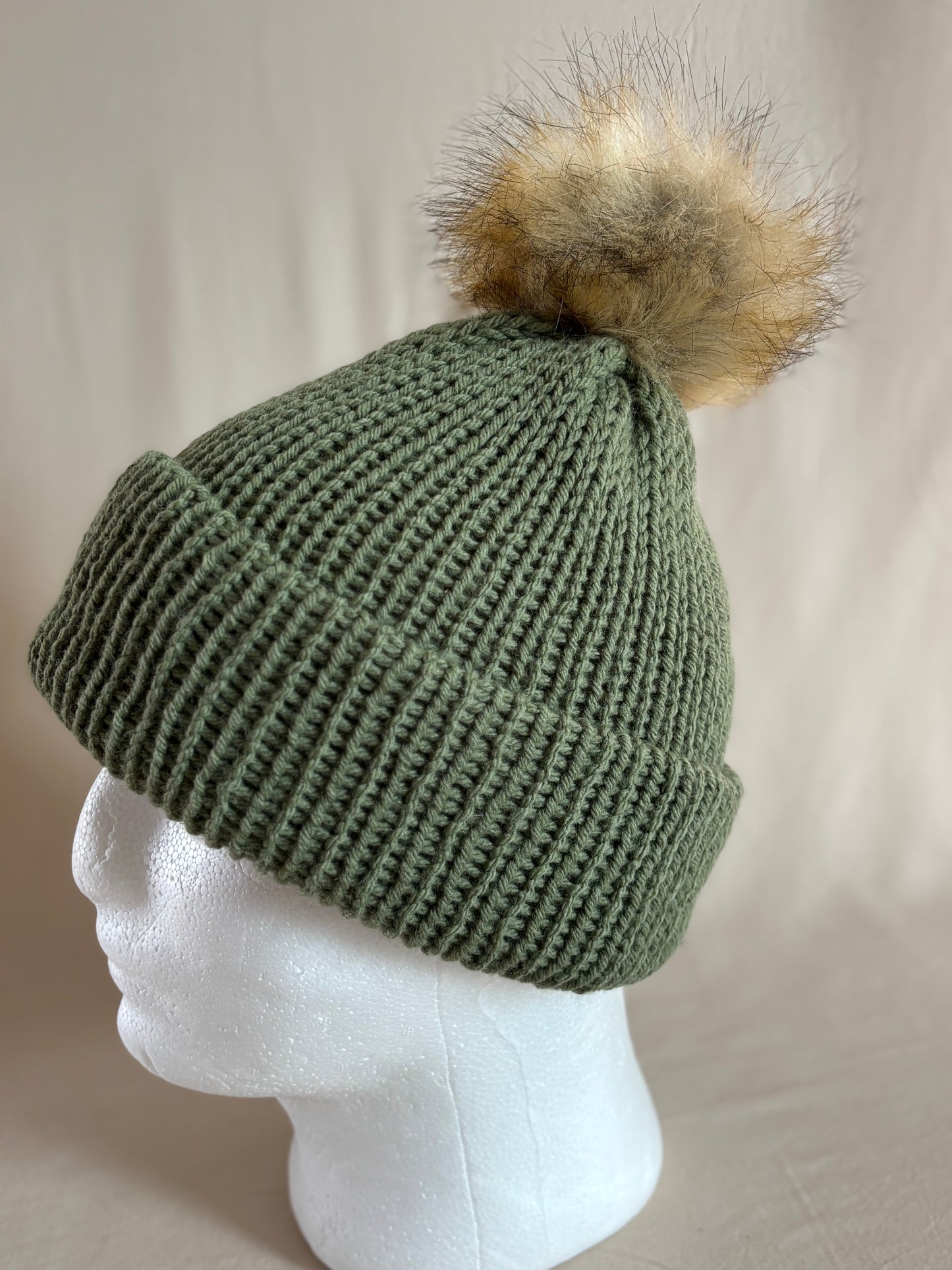 Olive Ribbed Beanie with Faux Fur Pom